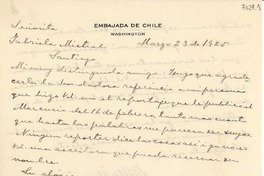 [Carta] 1925 mar. 23, Washington [a] Gabriela Mistral, Santiago