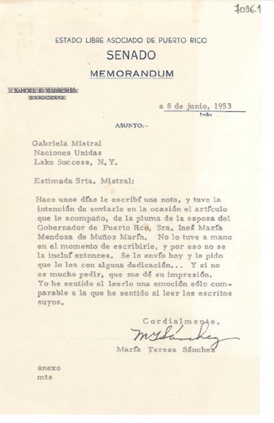 [Carta] 1953 jun. 8, Puerto Rico [a] Gabriela Mistral, Nueva York
