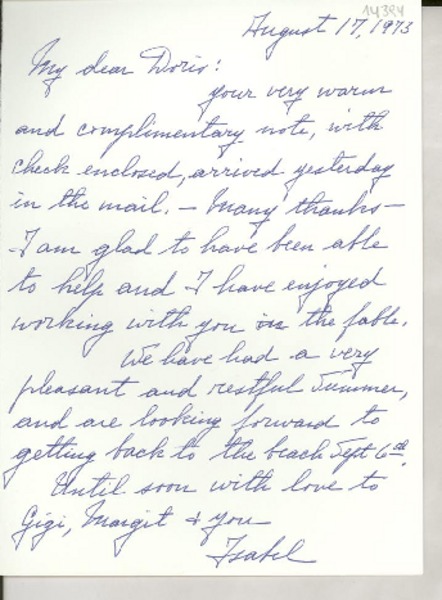 [Carta] 1973 Aug. 17, [EE.UU.] [a] My dear Doris [Dana], [EE.UU.]