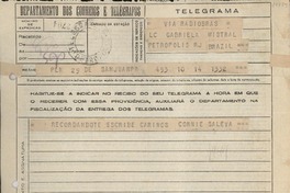 Telegrama [entre 1944 y 1945], San Juan, Puerto Rico [a] Gabriela Mistral, Petrópolis, R J, Brazil