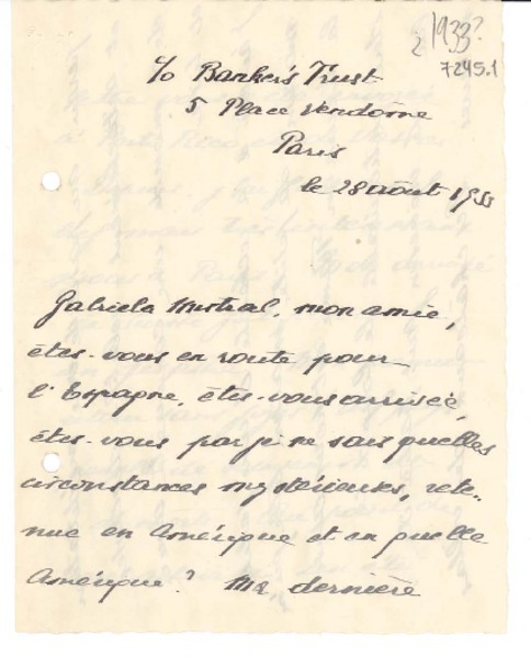 [Carta] 1933 ago. 28, París [a] Gabriela Mistral