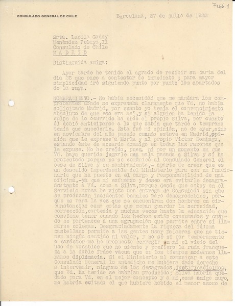 [Carta] 1933 jul. 27, Barcelona, [España] [a] Lucila Godoy, Consulado de Chile, Madrid