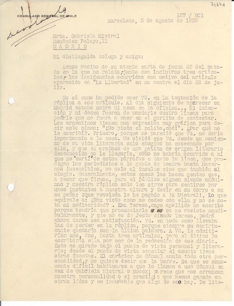 [Carta] 1933 ago. 3, Barcelona, [España] [a] Gabriela Mistral, Madrid, [España]