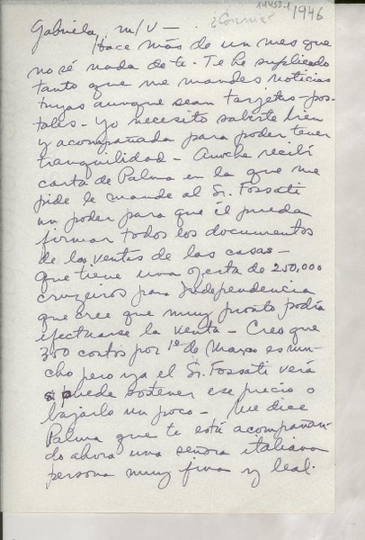 [Carta] 1946 [a] Gabriela [Mistral]