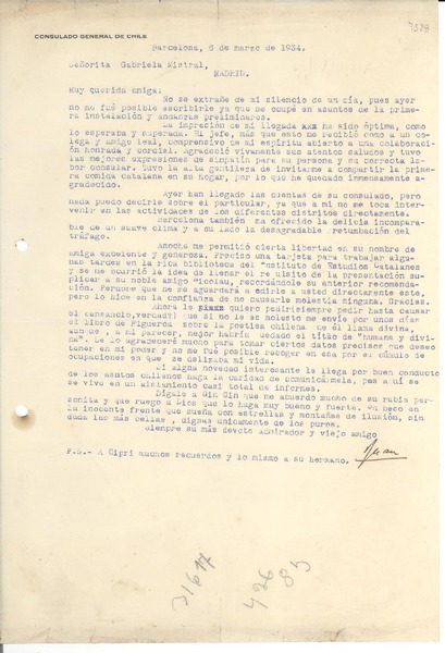 [Carta] 1934 mar. 6, Barcelona, [España] [a] Gabriela Mistral, Madrid, [España]