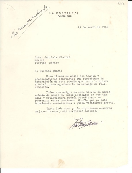 [Carta] 1949 ene. 25, Puerto Rico [a] Gabriela Mistral, Mérida, Yucatán, Méjico