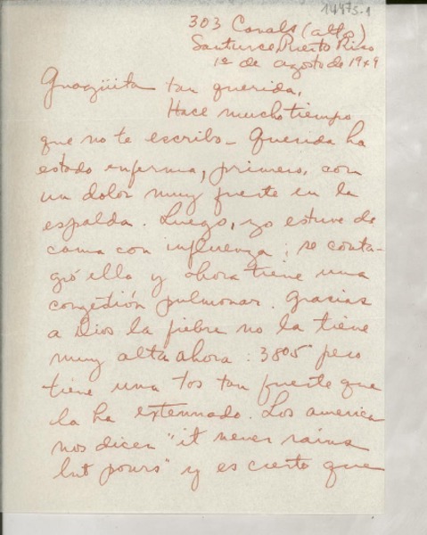 [Carta] 1949 ago. 1, 303 Canals (altos), Santurce, Puerto Rico [a la] Guagüita tan querida
