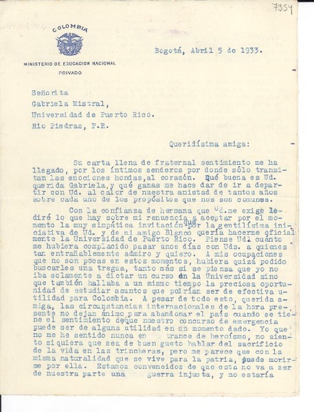 [Carta] 1933 abr. 5, Bogotá, [Colombia] [a] Gabriela Mistral, Universidad de Puerto Rico, Río Piedras, [Puerto Rico]