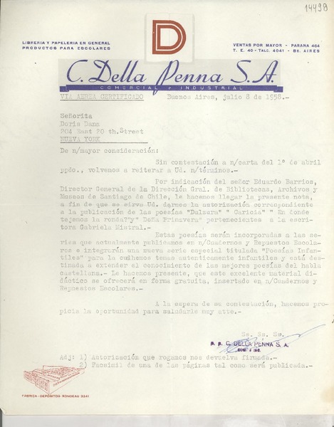 [Carta] 1958 jul. 8, Buenos Aires, [Argentina] [a] Señorita Doris Dana, 204 East 20 th. Street, Nueva York