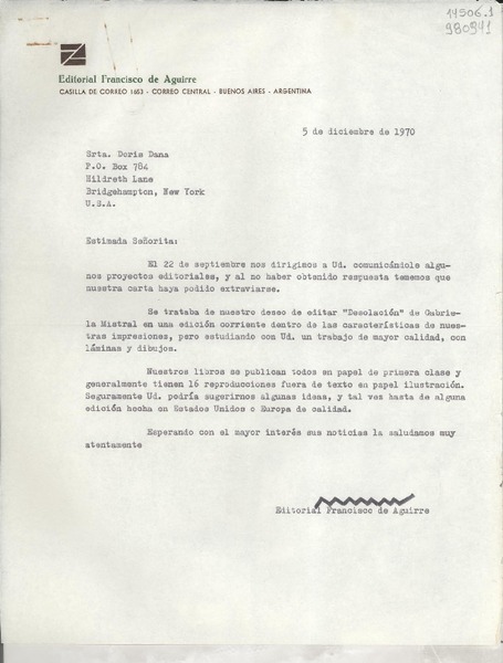[Carta] 1970 dic. 5, Buenos Aires, Argentina [a] Srta. Doris Dana, P. O. Box 784, Hildreth Lane, Bridgehampton, New York, U. S. A.