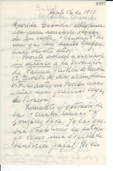 [Carta] 1950 ago. 16, Santiago [a] Gabriela Mistral