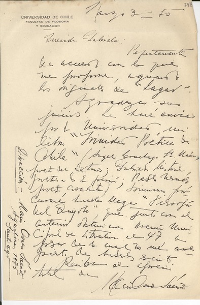 [Carta] 1950 mar. 3, Santiago [a] Gabriela Mistral