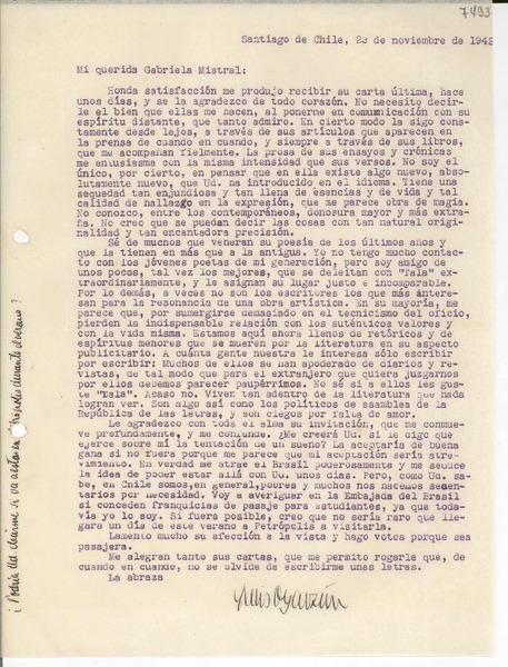 [Carta] 1942 nov. 23, Santiago de Chile [a] Gabriela Mistral