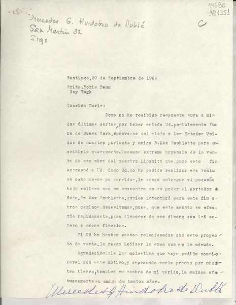 [Carta] 1966 sept. 20, Santiago, [Chile] [a] Srita. Doris Dana