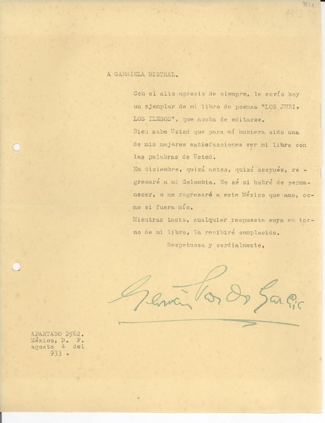 [Carta] 1933 ago. 4, México D.F. [a] Gabriela Mistral