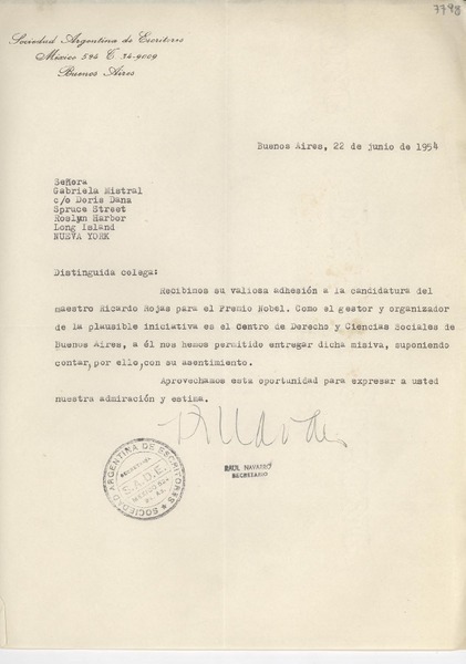 [Carta] 1954 jun. 22, Buenos Aires, Argentina [a] Gabriela Mistral, Roslyn Harbor, Nueva York, [EE.UU.]