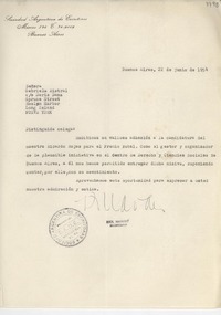 [Carta] 1954 jun. 22, Buenos Aires, Argentina [a] Gabriela Mistral, Roslyn Harbor, Nueva York, [EE.UU.]