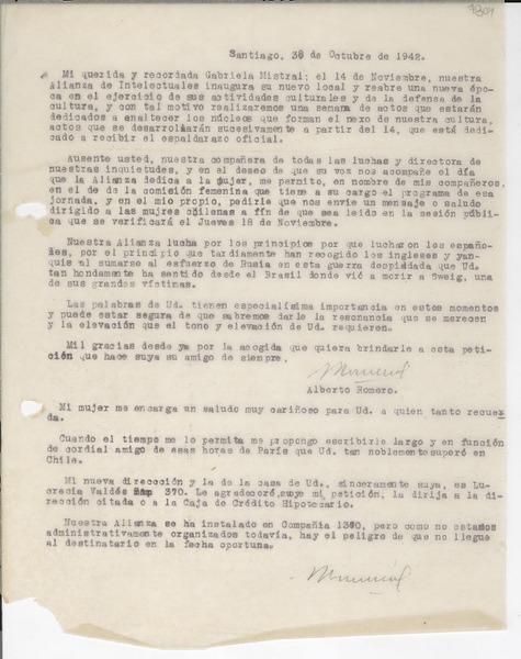 [Carta] 1942 oct. 30, Santiago, [Chile] [a] Gabriela Mistral