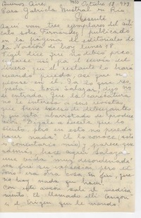 [Carta] 1943 oct. 18, Buenos Aires, [Argentina] [a] Gabriela Mistral, Río [de Janeiro, Brasil]