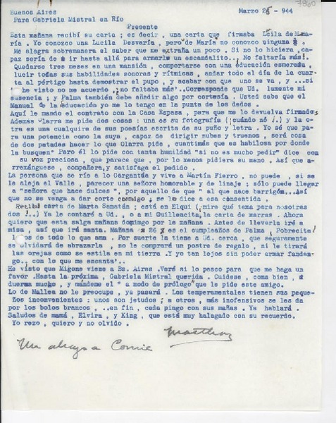 [Carta] 1944 abr. 25, Buenos Aires, [Argentina] [a] Gabriela Mistral, Río [de Janeiro], [Brasil]