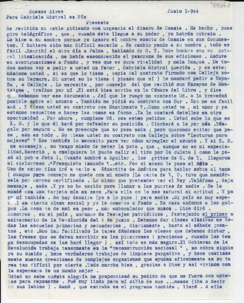 [Carta] 1944 jun. 1, Buenos Aires, [Argentina] [a] Gabriela Mistral, Rio, [Brasil]