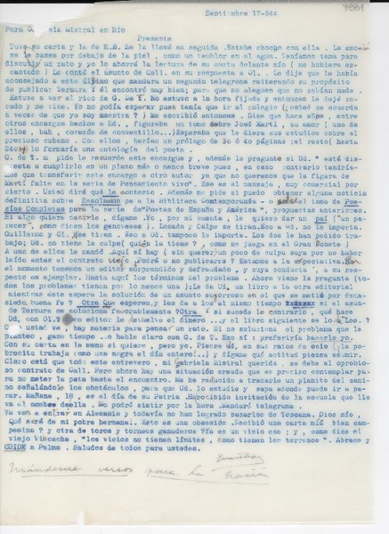 [Carta] 1944 sept. 17, Buenos Aires, [Argentina] [a] Gabriela Mistral, Río, [Brasil]