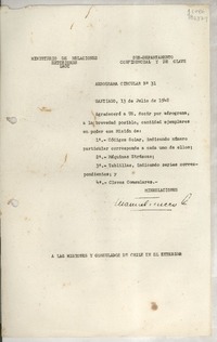 Aérograma Circular N° 31, 1948 jul. 13, Santiago, [Chile] [a] Las misiones y consulados de Chile en el exterior