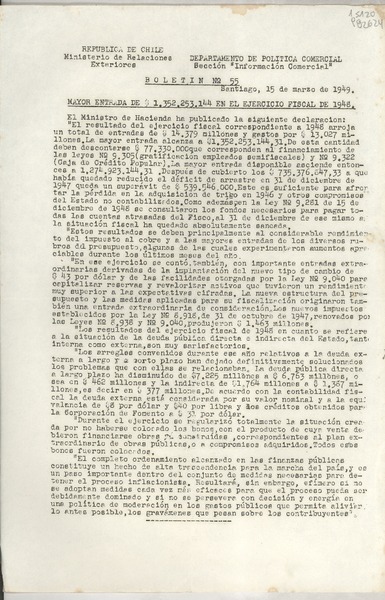 Boletín N° 55, 1949 mar. 15, Santiago, [Chile] Mayor entrada de $ 1.352.253.144 en el ejercicio fiscal de 1948