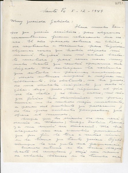 [Carta] 1949 dic. 5, Santa Fe, [Argentina] [a] Gabriela Mistral