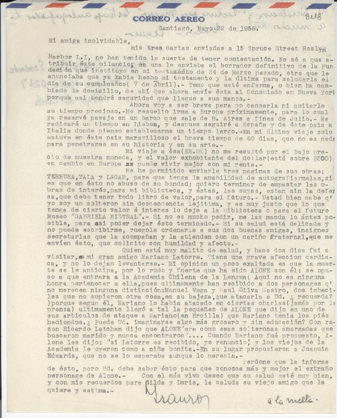 [Carta] 1955 mayo 22, Santiago, [Chile] [a] [Gabriela Mistral]