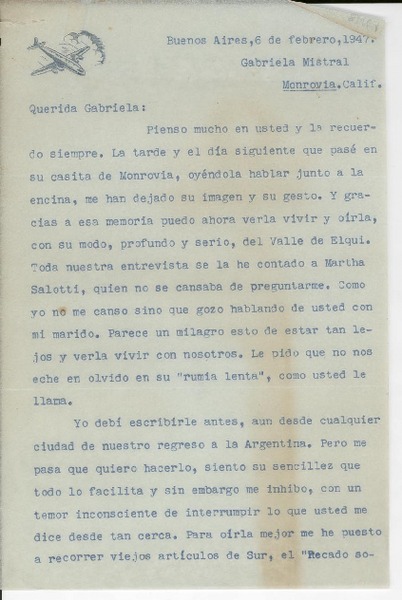 [Carta] 1947 feb. 6, Buenos Aires, [Argentina] [a] Gabriela Mistral, Monrovia, California, [EE.UU.]