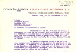 [Carta] 1954 sep. 22, Buenos Aires, [Argentina] [a] Gabriela Mistral, Santiago, Chile