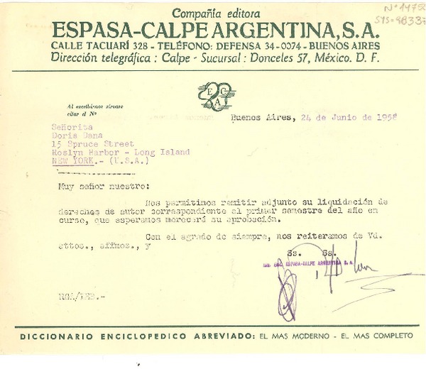 [Carta] 1958 jun. 24, Buenos Aires, [Argentina] [a] Doris Dana, Long Island, Nueva York (U.S.A.)