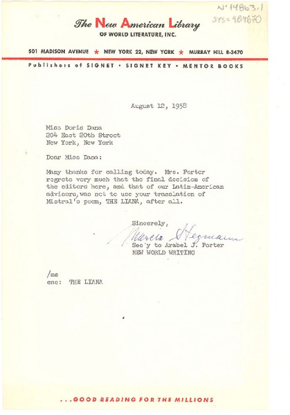 [Carta] 1958 aug. 12, New York, [Estados Unidos] [a] Doris Dana, New York, [Estados Unidos]