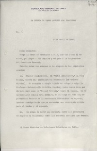[Oficio] N° 1, 1946 abr. 5, Los Angeles, California, [EE.UU.] [al] Señor Ministro de Relaciones Exteriores de Chile