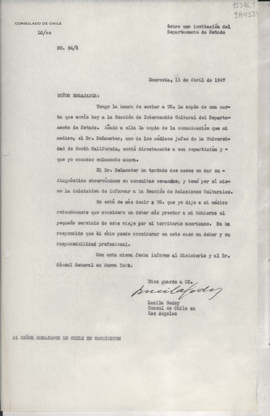 [Oficio] N° 242, 1947 abr. 11, Monrovia, [Estados Unidos] [al] Señor Embajador de Chile en Washington