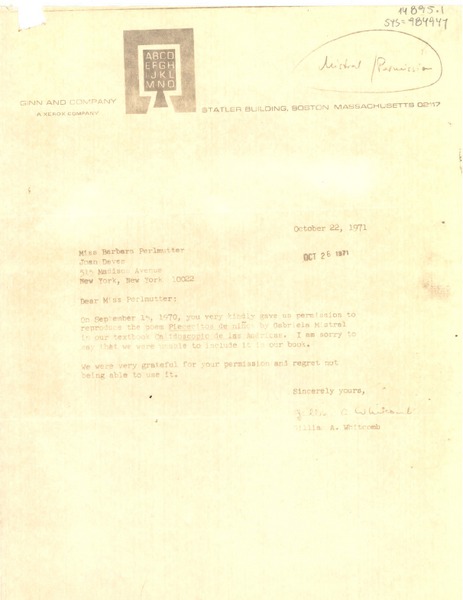 [Carta] 1971 oct. 22, [Boston, Massachusetts, Estados Unidos] [a] Doris Dana, New York, [Estados Unidos]