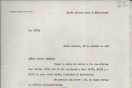 [Oficio] N° 6721, 1947 oct. 31, Santa Barbara, [Estados Unidos] [al] Señor Cónsul General de Chile en Nueva York