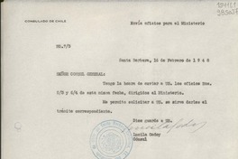 [Oficio] N° 73, 1948 feb. 16, Santa Barbara, [Estados Unidos] [al] Señor Cónsul General de Chile en Nueva York