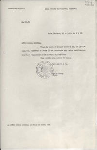 [Oficio] N° 4820, 1948 jul. 21, Santa Barbara, [EE.UU.] [al] Señor Cónsul General de Chile en Nueva York, [EE.UU.]