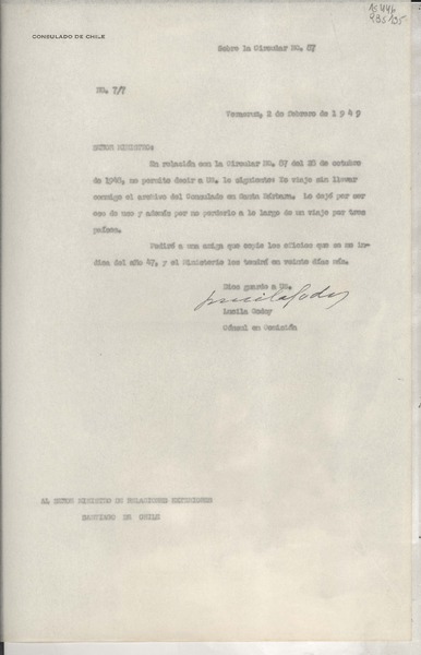 [Oficio] N° 77, 1949 feb. 2, Veracruz, [México] [al] Señor Ministro de Relaciones Exteriores, Santiago de Chile