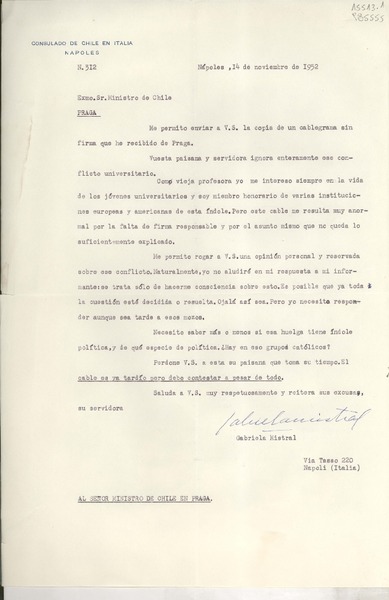 [Oficio] N° 312, 1952 nov. 14, Nápoles, Italia [al] Exmo. Sr. Ministro de Chile en Praga, [Checoeslovaquia]