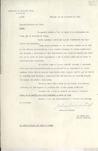 [Oficio] N° 312, 1952 nov. 14, Nápoles, Italia [al] Exmo. Sr. Ministro de Chile en Praga, [Checoeslovaquia]