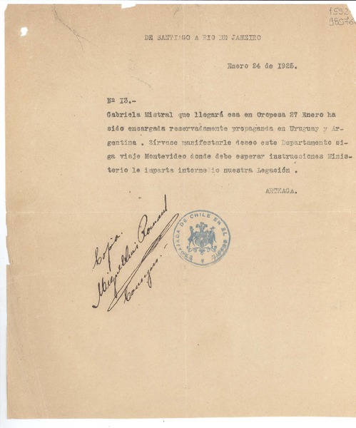[Carta] 1925 ene. 24, Santiago, [Chile] [a] Embajada en Río de Janeiro