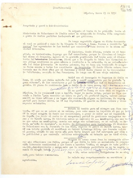 [Carta] 1952 ene. 25, Nápoles, [Italia] [al] Respetado y querido Sub-Secretario