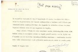 [Carta] 1952 magg. 27, Napoli, Consulado de Chile, Nápoles, Italia