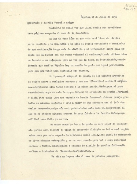 [Carta] 1952 jul. 11, Nápoles, [Italia] [al] Respetado y querido Cónsul y amigo