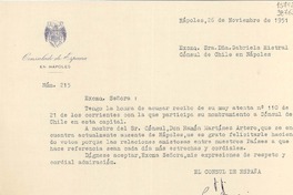 [Carta] 1951 nov. 26, Nápoles, [Italia] [a] Excma. Sra. Dña. Gabriela Mistral, Cónsul de Chile en Nápoles