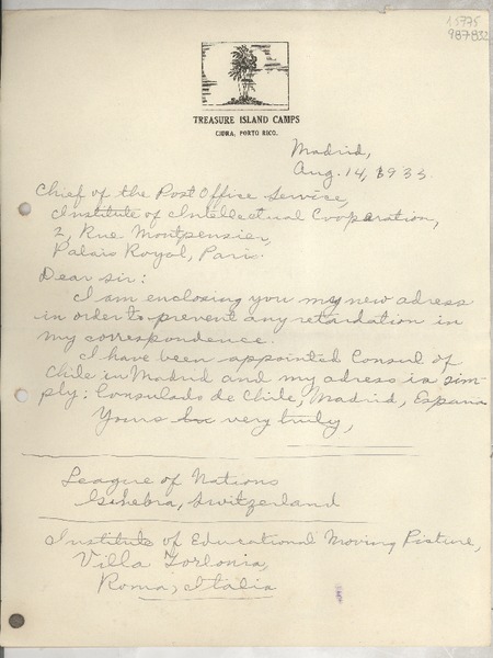 [Carta] 1933 Aug. 14, Madrid, [España] [al] Chief of the Post office Service, Institute of Intellectual Cooperation, 2, Rue Montpensier, Palais Royal, Paris, [France]