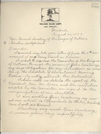 [Carta] 1933 Aug. 14, Madrid, [España] [al] Hon. General Secretary of the League of Nations, Ginebra, Switzerland